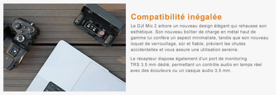Le DJI Mic 2 offre une large gamme d'options de compatibilité, avec des sorties numériques USB-C et Lightning, ainsi qu'une sortie analogique TRS 3,5 mm. Que vous utilisiez des appareils photo, des smartphones, des ordinateurs ou des tablettes, le DJI Mic 2 est prêt à l'emploi. La fonctionnalité stéréo est disponible sur iPhone et la plupart des téléphones Android, et permet également la lecture sur un smartphone sans avoir à déconnecter le récepteur. Le récepteur dispose également d'un port de monitoring TRS 3,5 mm dédié, permettant un contrôle audio en temps réel avec des écouteurs ou un casque audio 3,5 mm.